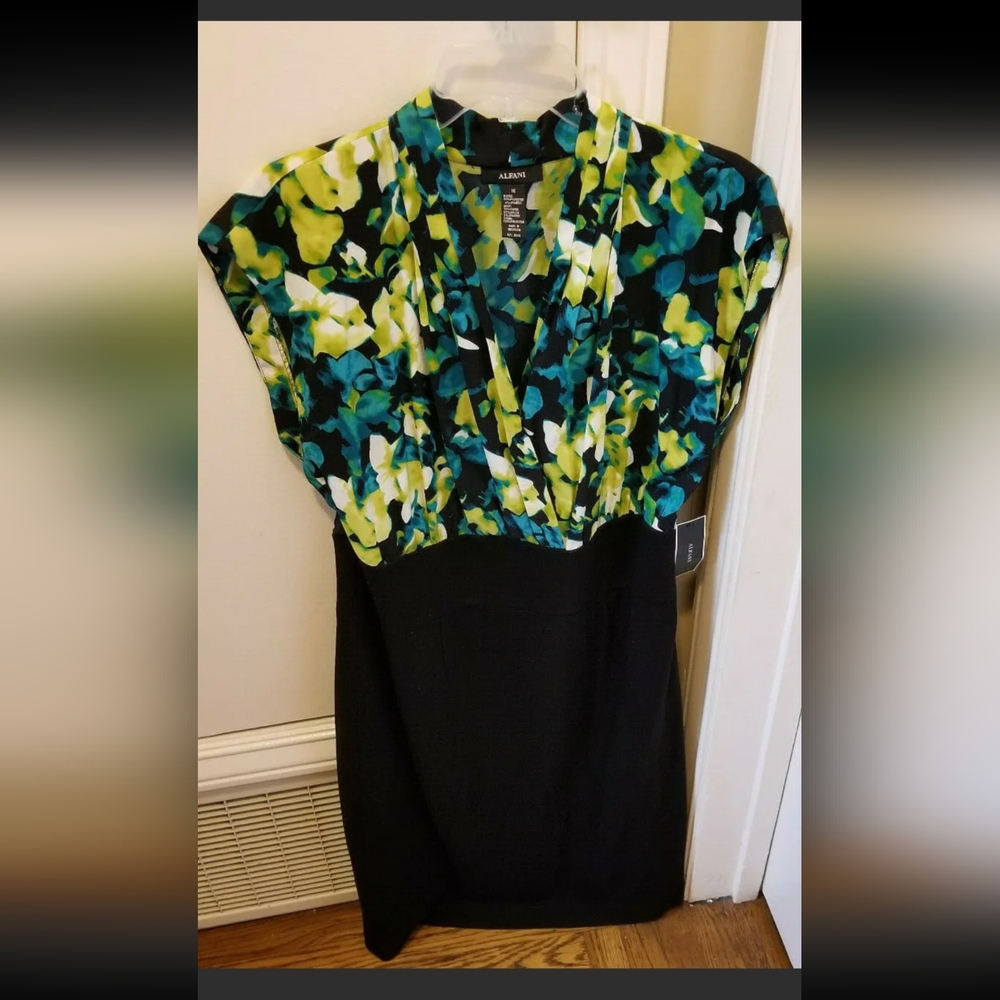 NWT ALFANI Green Floral High Waist Illusion "Pin Up" Style Dress Womens Size 16